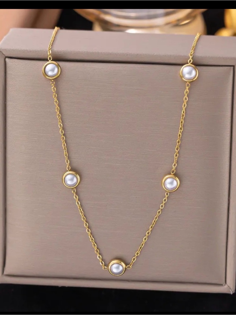 Gold Chain Necklace with White Pearl Accents
